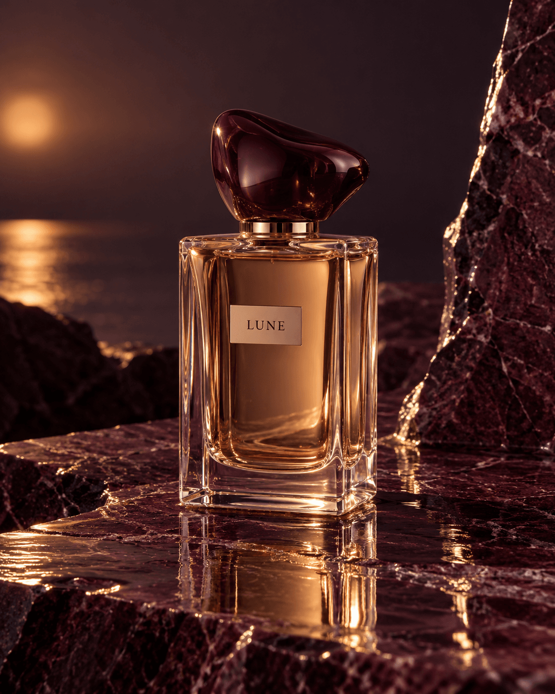 Photorealistic fictional LUNE fragrance campaign concept