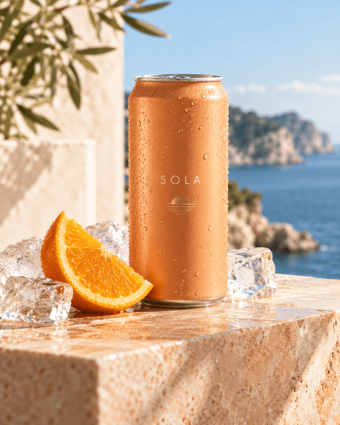 Chilled peach SOLA can with citrus and ice